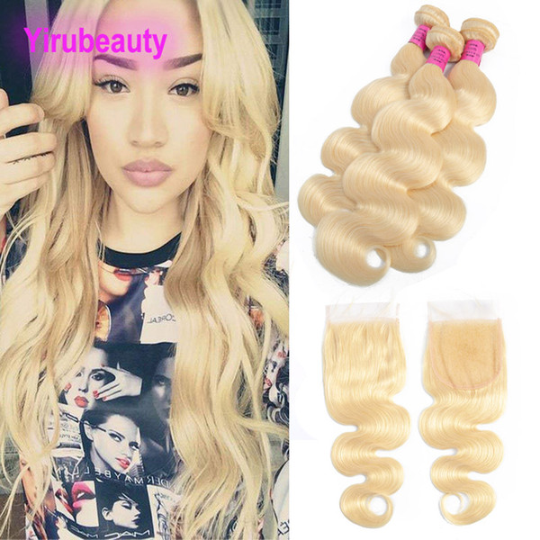 Peruvian Human Hair Extensions With 4X4 Lace Closure Body Wave 613# Blonde Bundles With Closure 613# Color Human Hair 8-28inch