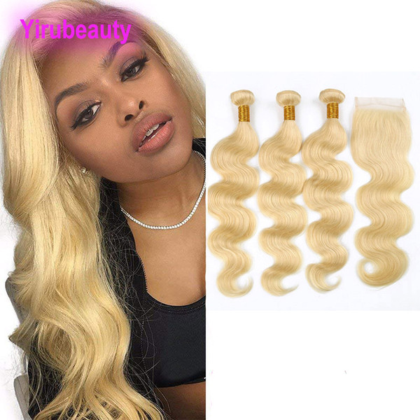 Brazilian Virgin Hair 3 Bundles With 4X4 Lace Closure 4 Pieces/lot Body Wave 613# Blonde Human Hair Extensions With Closure