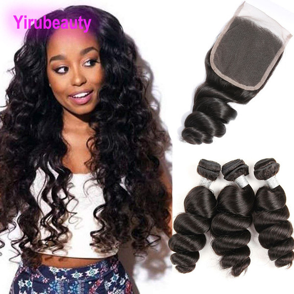 Indian Virgin Human Hair 8-28inch Double Wefts 3 Bundles With 4X4 Lace Closure Loose Wave Bundles With Closure Middle Free Three Part