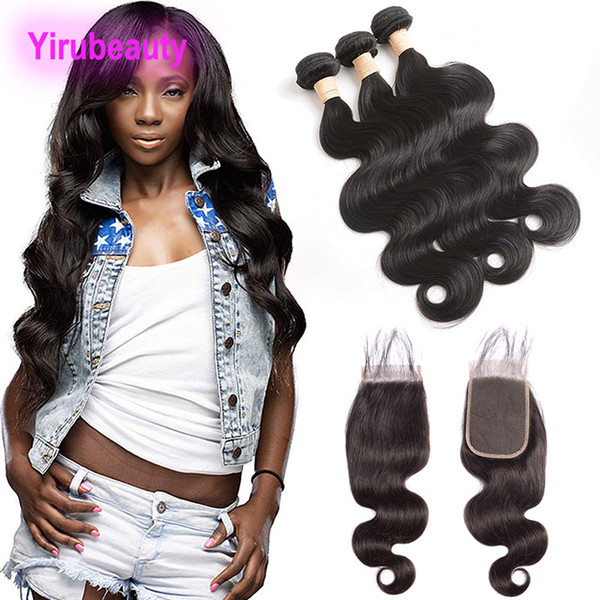 Brazilian Virgin Hair Extensions Three Bundles With 4X6 Lace Closure Middle Three Free Part Body Wave Bundles With 4*6 Closure Natural Color