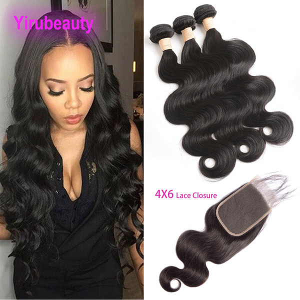 Indian Virgin Hair Extensions Natural Color 3 Bundles With 4X6 Lace Closure Middle Three Free Part Human Hair Wefts With 6x4 Closure