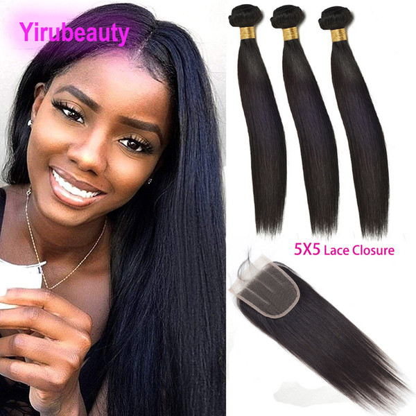 Indian Silky Straight 3 Bundles With 5X5 Lace Closure Natural Color Yirubeauty Bundles With Lace Closure Baby Hair Wefts With 5*5 Lace Size