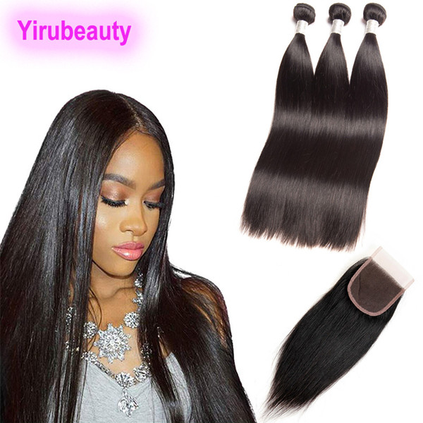 Indian Virgin Hair Products 3 Bundles With 4X4 Lace Closure 4 Pieces/lot Straight Human Hair Natural Color Bundles With Closure 4*4