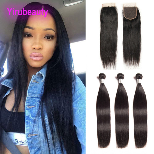 Brazilian Virgin Hair Extensions 3 Bundles With 4X4 Lace Closure 4 Pieces/lot Straight Human Hair Prodcuts 8-30inch Bundles With Closure