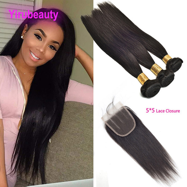 Brazilian 100% Unprocessed Human Hair 3 Bundles With 5X5 Lace Closure Silky Straight Virgin Hair Lace Closure With Baby Hair 8-28inch Bundle