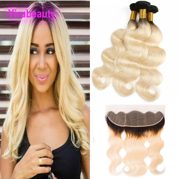 Malaysian Unprocessed Virgin Human Hair Body Wave 1B 613 Blonde 3 Bundles With 13X4 Lace Frontal 4 Pieces One Set 10-26inch