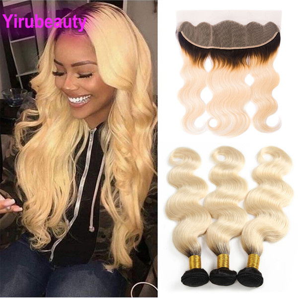 Peruvian Human Hair 1B/613 Ombre Hair Extensions Bundles With 13X4 Lace Frontal Ear To Ear Human Hair 3 Bundles With 13*4 Frontal