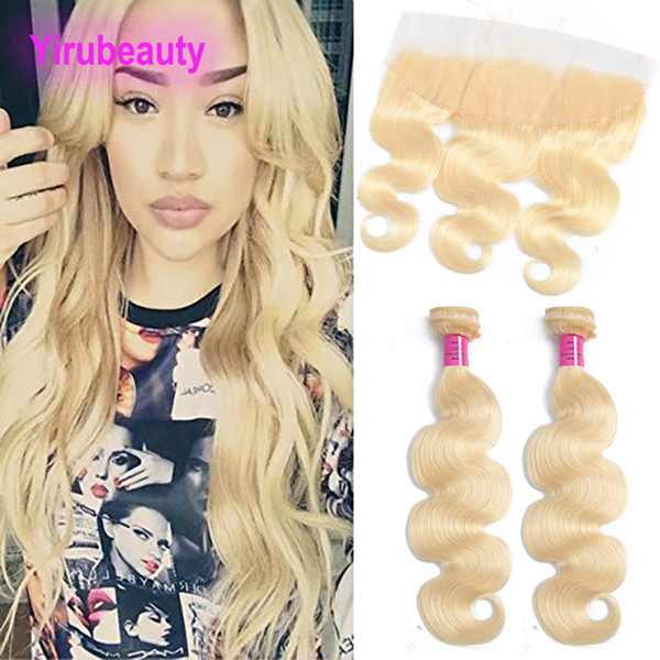 Peruvian Virgin Human Hair 2 Bundles With 13X4 Lace Frontal Body Wave Hair Extensions 10-30inch 613 Blonde Hair Wefts With 13*4 Frontal