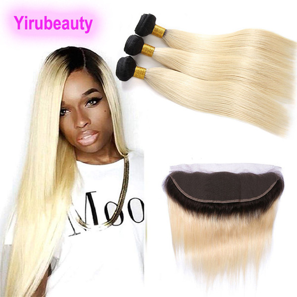 Peruvian Human Hair Extensions 3 Bundles With 13*4 Lace Frontal Silky Straight 10-26inh 1B/613 Ombre Hair Bundles With 13x4 Frontal