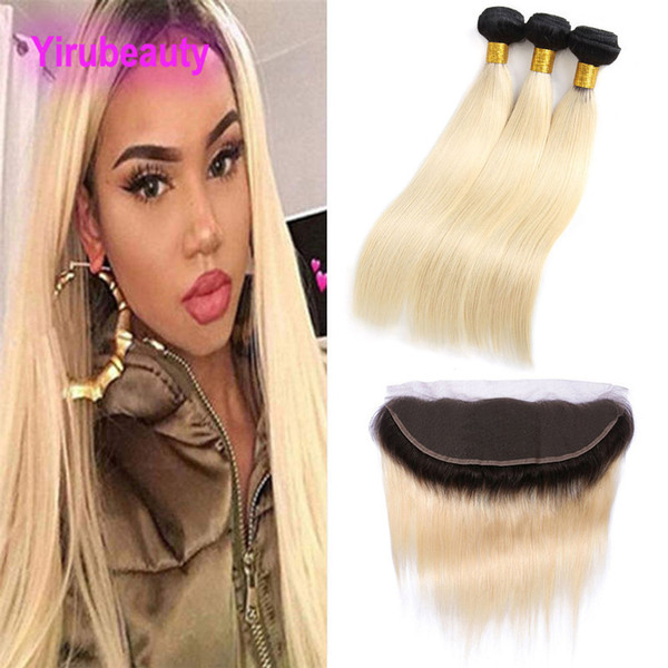 Indian Virgin Hair Wholesale 3 Bundles With 13X4 Lace Frontal Straight 1B/613# Ombre Human Hair Extensions With 13*4 Frontal 10-26inch