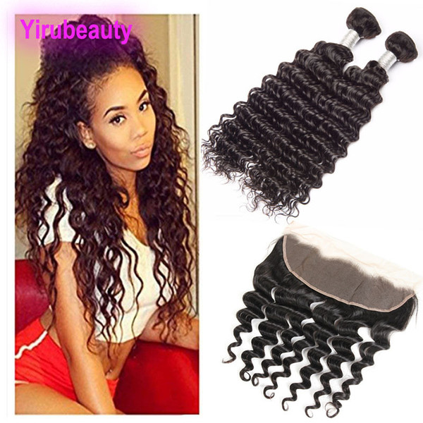 Malaysian Human Hair Deep Wave 2 Bundles With 13x4 Lace Frontal With Baby Hair Malaysian Human Hair Extensions Weaves With Closure