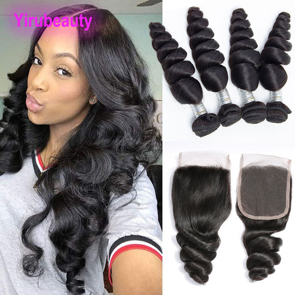 Peruvian Virgin Human Hair 9A Wholesale 4 Bundles With 4x4 Lace Closure Loose Wave Curly Bundles With Closures 8-28inch