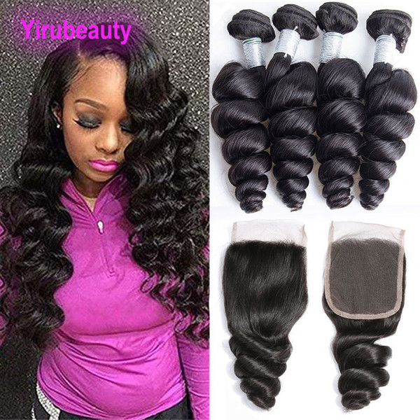 Brazilian Human Hair 4 Bundles With 4X4 Lace Closure Middle Free Three Part Loose Wave Bundles With Closure 5 Pieces/lot Loose Wave Curly