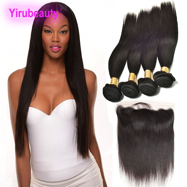 Indian Human Hair Lace Frontal With 4 Bundles Natural Color Straight Hair Extensions With Baby Hair Ear To Ear Lace Frontal With Bundles