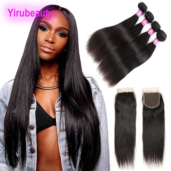 Malaysian 100% Unprocessed Human Hair 4 Bundles With 4X4 Lace Closure Straight Hair Virgin Hair Extensions Silky Straight