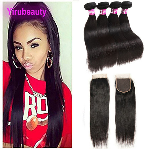 Indian human hair bundles With 4X4 Lace Closure 5 Pieces/lot Straight Hair Natural Black Straight