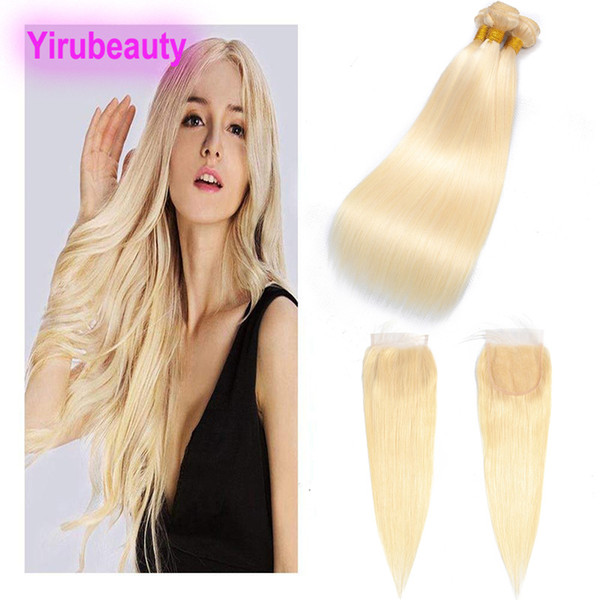 Peruvian Human Hair Straight 3 Bundles With 4X4 Lace Closure 4pieces/lot 613# Blonde Virgin Hair Bundles With Closure Baby Hair