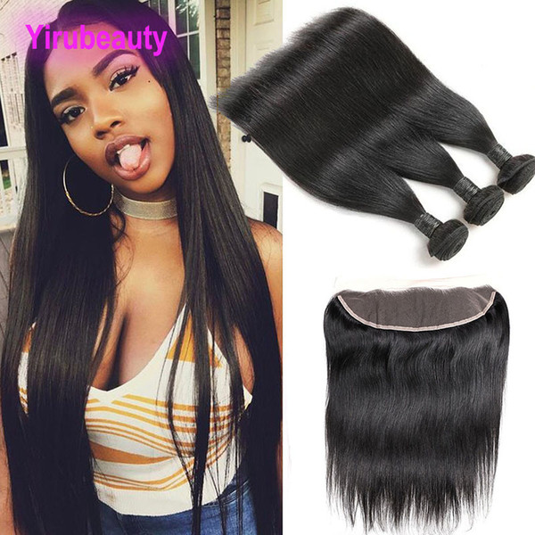 Indian Virgin Human Hair 13 X 4 Lace Frontal With 3 Bundles 8-28inch Straight Hair Pre Plucked Frontal Closure With Bundles