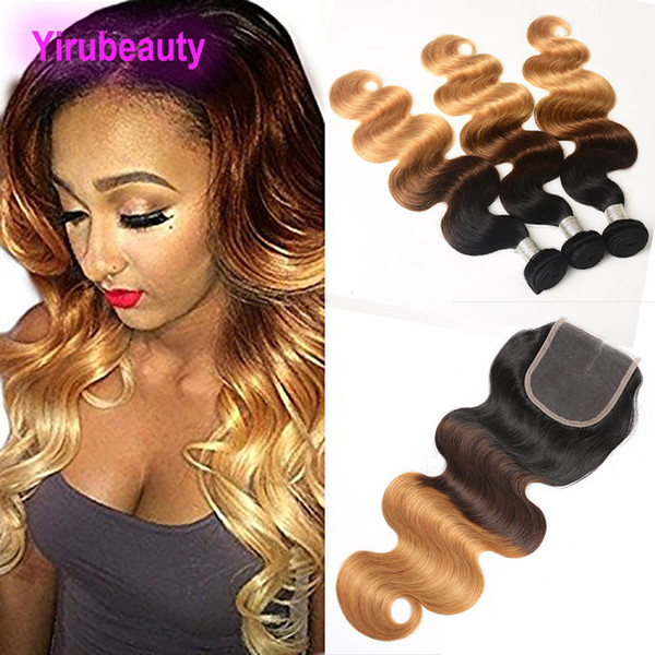 Malaysian Human Hair B/4/27 Ombre Three Tones Bundles With 4X4 Lace Closure 4Pieces/lot 8-28 Inch