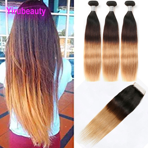 Malaysian Human Hair 3 Bundles With 4 X 4 Lace Closure Ombre Hair 1B/4/27 Straight Hair Wefts With Closure