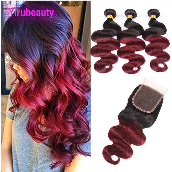 Peruvian Ombre Human Hair Bundles With Closure 4Pieces/lot 1B/99j Body Wave Bundles With 4X4 Lace Closure Middle Three Free Part