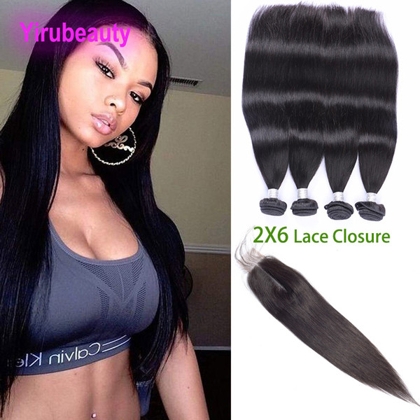 Indian Virgin Raw Hair Extensions 4 Bundles With 2*6 Lace Closure Straight Human Hair Wefts With Closure Middle Part Natural Color