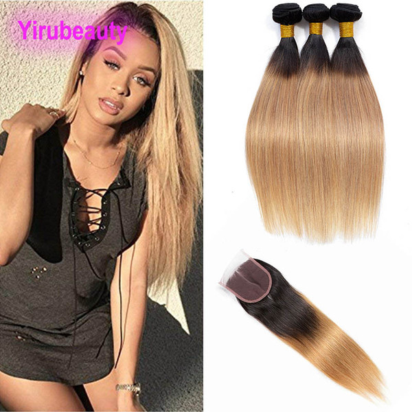 Peruvian Human Hair Extensions 1B 27 Double Color Straight Virgin Hair 1B/27 Bundles With 4X4 Lace Closure Baby Hair Wefts With Top Closures