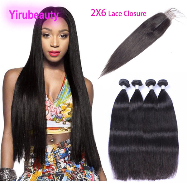 Peruvian Human Hair Natural Color 4 Bundles With 2X6 Lace Closure Baby Hair Wefts With Two By Six Closure 5 Pieces/lot