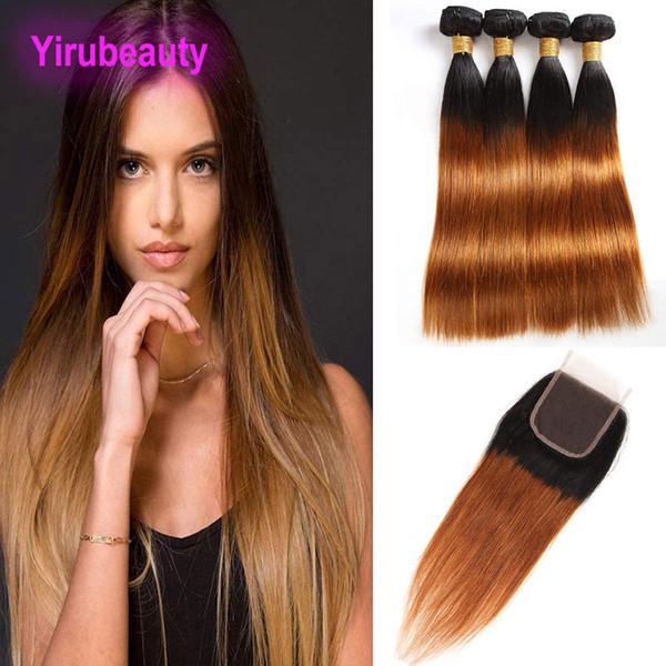 Peruvian 3 Bundles With 4X4 Lace Closure 4pieces/lot 1B/30# Double Color Straight Virgin Hair Extensions Wefts With Closure Baby Hair 8-28