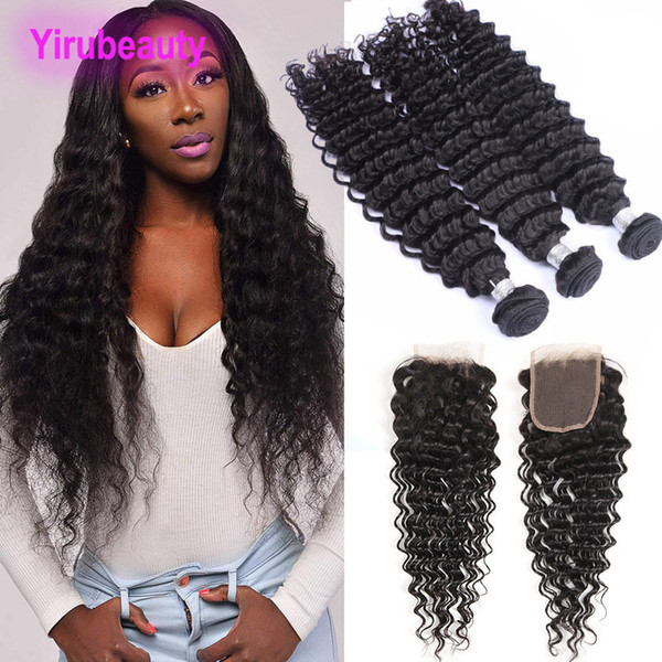 Peruvian Raw Human Hair 3 Bundles With 4X4 Lace Closure Middle Three Free Part Deep Wave Bundles With Closures 8-28inch