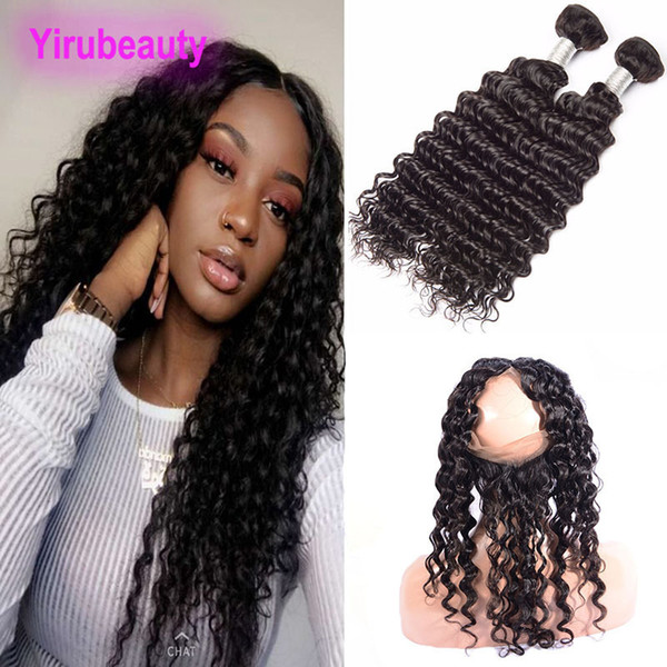 Brazilian Human Hair 2 Bundles With 360 Lace Frontal 3 Pieces One Lot Deep Wave Hair Extensions Natural Color 360 Frontal Pre Plucked