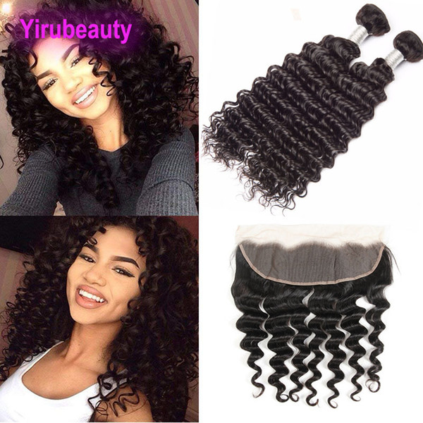 Brazilian Virgin Human Hair Extensions 2 Bundles With 13X4 Lace Frontal Deep Wave Curly Human Hair Wefts With Closure 3pieces/lot