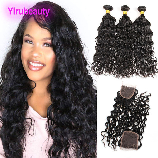 Malaysian Virgin Hair Bundles With 4X4 Lace Closure Water Wave Bundles With Closure Free Middle Three 4 Pieces/lot Natural Color Water Wave