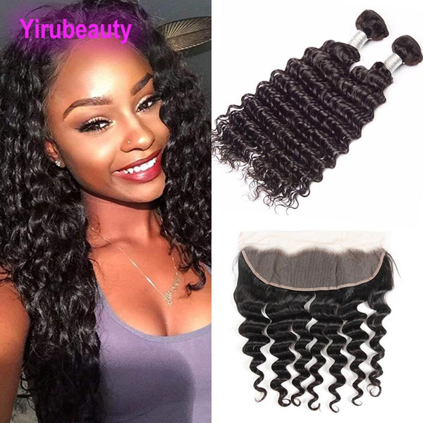 Peruvian Raw Human Hair 2 Bundles With 13X4 Lace Frontal Deep Wave Virgin Hair Deep Curly Human Hair Wefts With Closure