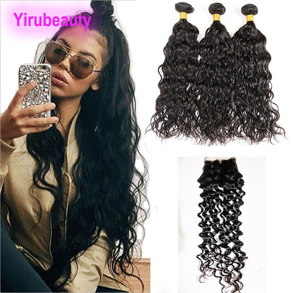 Water Wave 3 Bundles With 4X4 Lace Closure Peruvian Human Hair Extensions Bundles With Baby Hair Lace Closure 4 Pieces One Lot 8-28inch