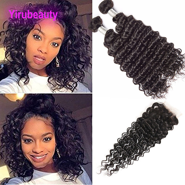 Malaysian Virgin Human Hair 2 Bundles With 4X4 Lace Closure 3 Pieces/lot Deep Wave Curly 8-28inch Natural Color Deep Wave