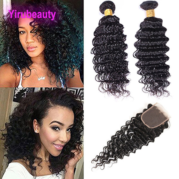 Peruvian Deep Wave With 4X4 Lace Closure 2 Bundles With Lace Closure Curly Human Hair Wefts With Closure Natural Color