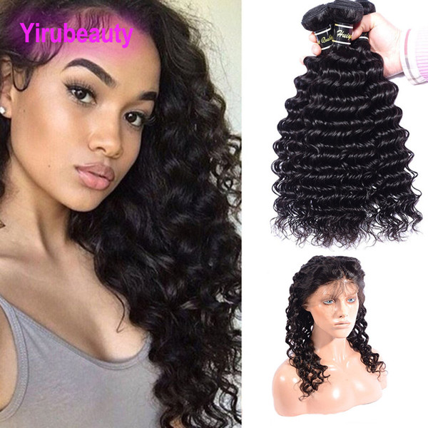 Indian Human Hair Natural Black Color 360 Lace Frontal With Baby Hair Frontal With 3 Bundles Deep Wave Hair Wefts