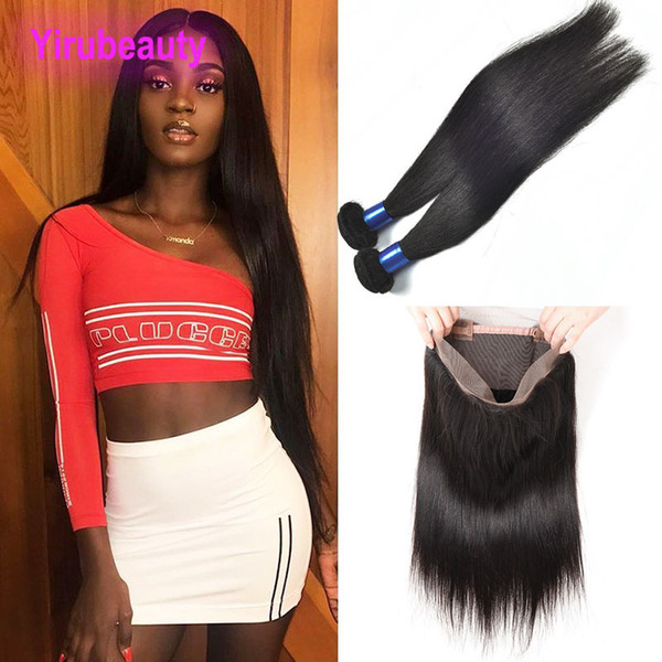 Indian Straight Human Hair Bundles With Frontal Hair Wefts With 360 Lace Frontal Natural Color Free Part Closure With Bundles