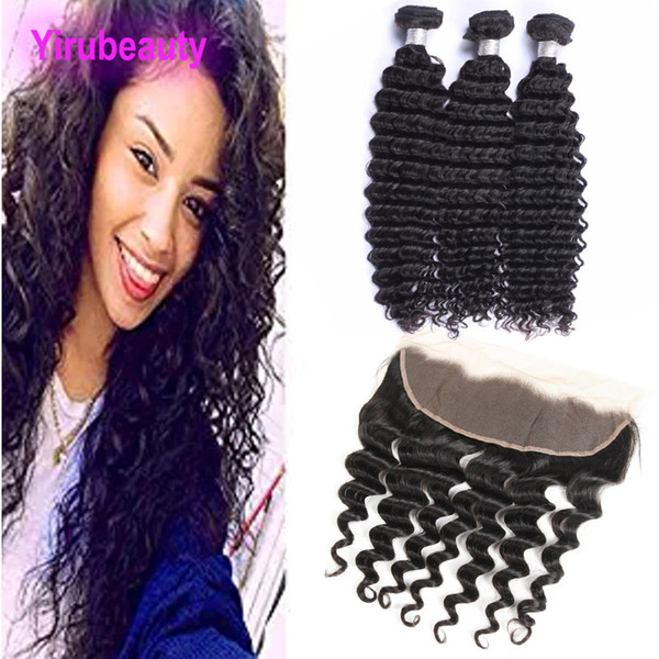 Malaysian Human Hair Ear To Ear Lace Frontal With 3 Bundles Deep Wave 13X4 Lace Frontal With Bundles Natural Color