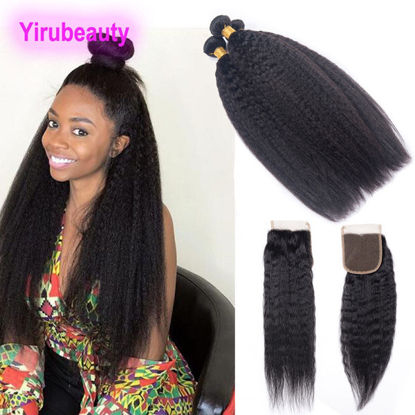 Peruvian 3 Bundles With Lace Closure 4 X 4 Top Closure Kinky Straight Yaki Human Hair Yaki Straight 95-100g/piece Natural Color