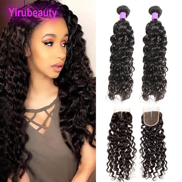 Malaysian Human Hair Bundles With 4X4 Lace Closure Water Wave Closure With Hair Extensions Wet And Wavy 8-28inch