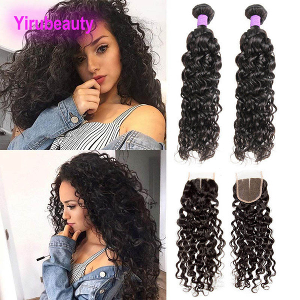 Peruvian Unprocessed Human Hair Extensions 2 Bundles With 4X4 Lace Closure 3 Pieces/lot Water Wave Bundles With Closure Free Middle Three