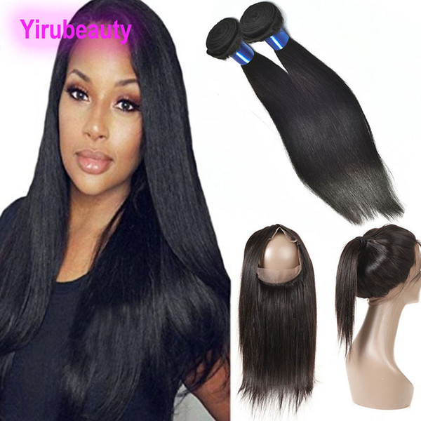 Brazilain Silky Straight Human Hair 2 Bundles With 360 Lace Frontal Straight Hair Extensions Pre Plucked 360 Lace Frontal With Lace Frontal