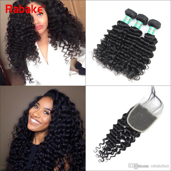 8A Brazilian Virgin Hair Bundles with Closure 100% Brazilian Deep Wave Unprocessed Human Hair Weave Bundle Deals Bleached Knots Lace Closure