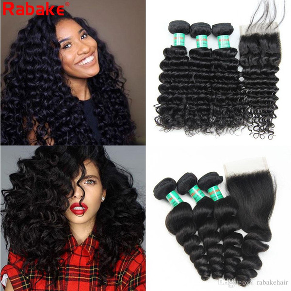 Deep Wave Brazilian Virgin Human Hair Bundles with Closure Loose Wave Rabake 100 Unprocessed 4x4 Top Lace Closure Human Hair Extensions