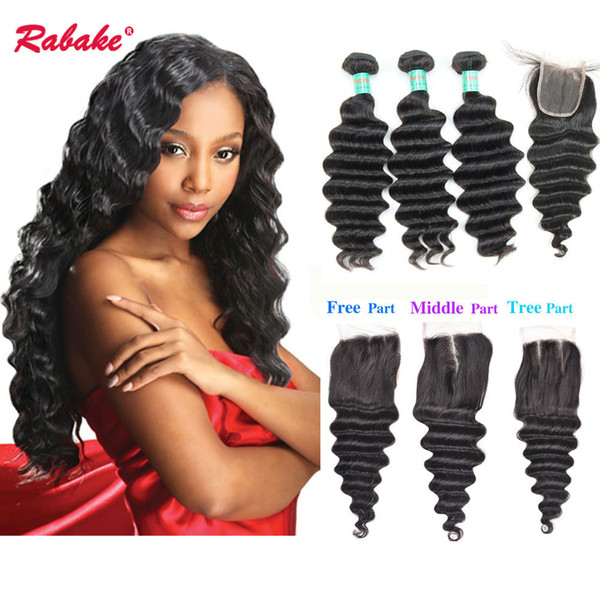 Brazilian Virgin Loose Deep Wave Hair Bundles With Closure Rabake Human Hair 3 Bundles With 4x4 Top Lace Closure Cheap Weave Hair Extensions