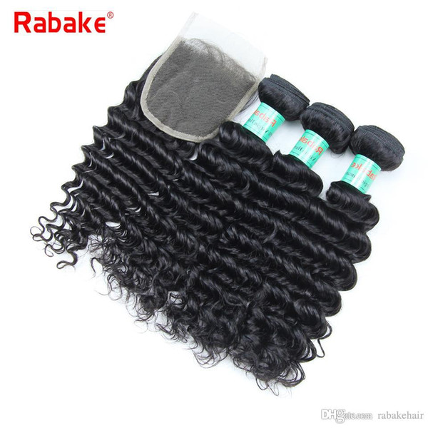 Rabake Brazilian Deep Wave Virgin Hair Bundles wtih Closure 8A Grade Brazilian Unprocessed Human Hair Weave Bleached Knots 4x4 Lace Closure