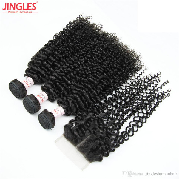 Brazilian Remy Human Hair 3 Bundles with 4x4 lace top Closure Kinky curly 100% Virgin Human hair weave wholesale cheap