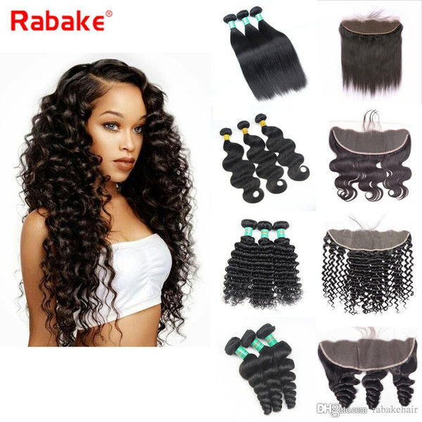 8A Brazilian Straight Virgin Hair 3 Bundles with Frontal Deep Wave Bundles with 13x4 Ear to Ear Closure Unprocessed Virgin Hair Bundle Deals